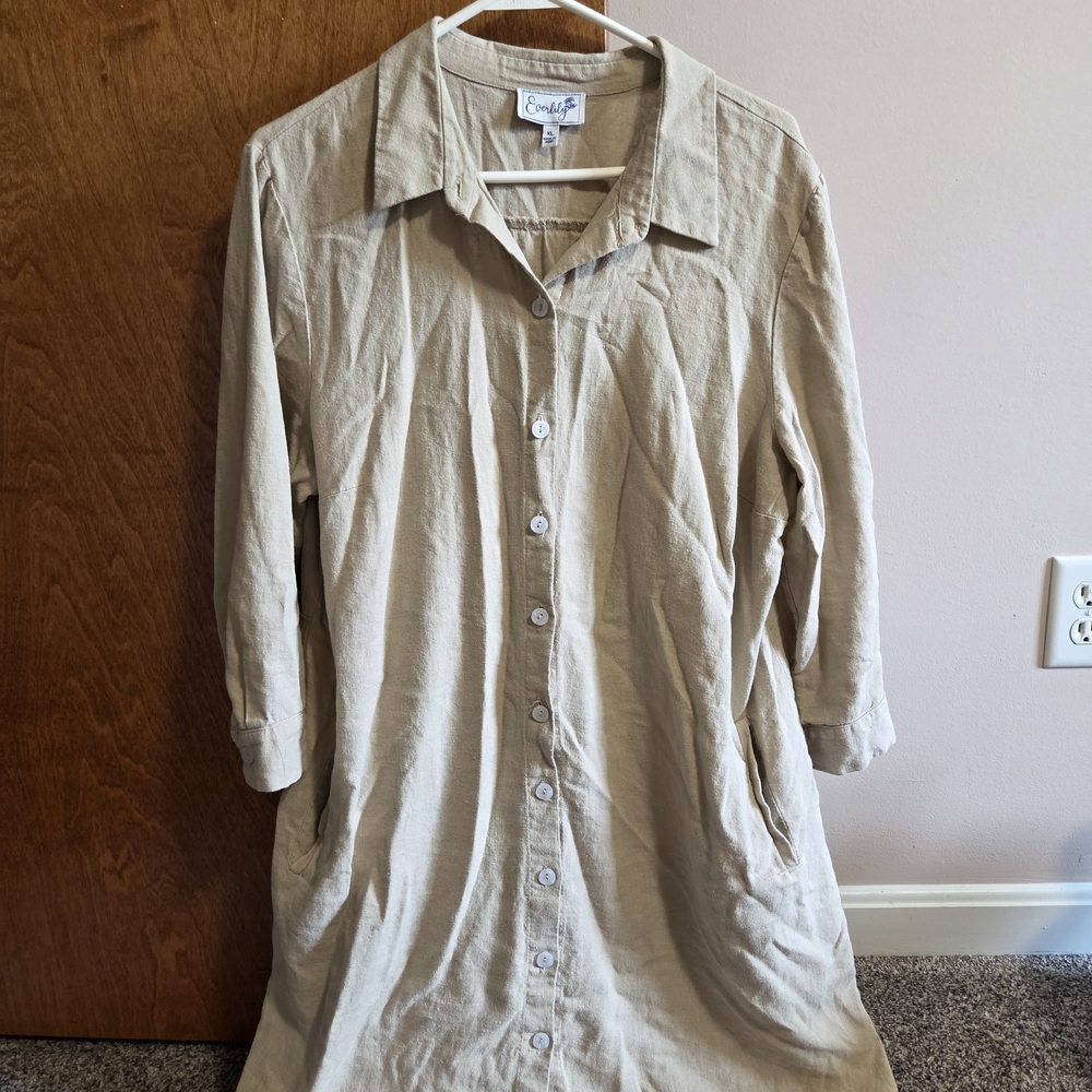 Everlily Vintage Beige Linen Shirt Dress
